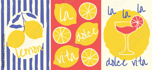 Amalfi Style Poster Series. Italian Summer with Lemons and Drinks. Vibrant Colors for Posters, Postcards, and Decorations