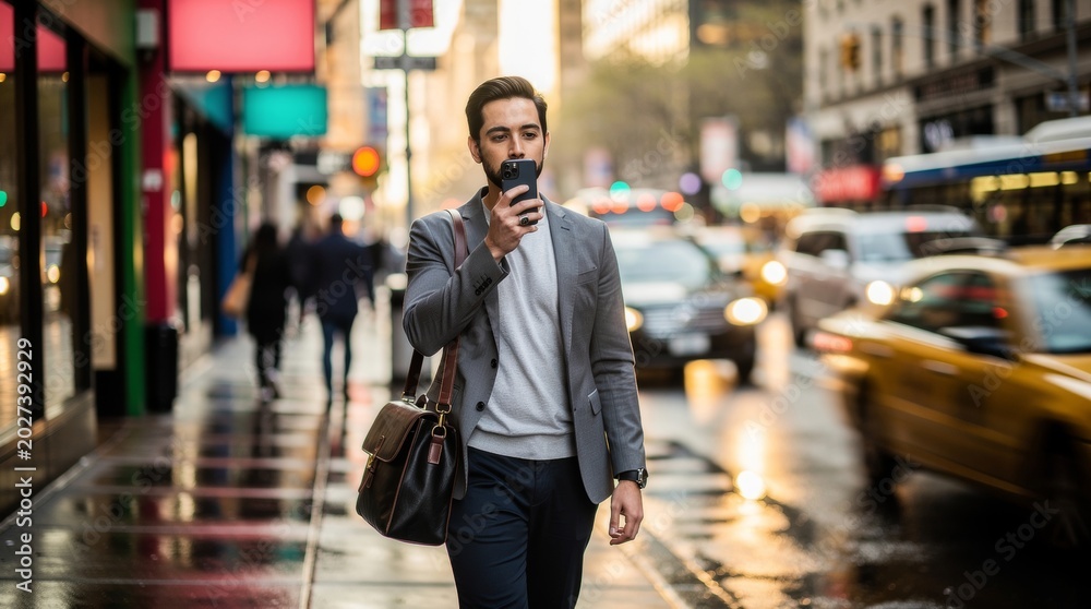 Obraz premium Man Using Smartphone While Walking on Wet City Street