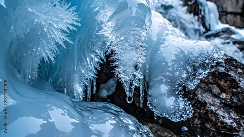Closeup of intricate ice formations on rocks in a frozen natural environment.