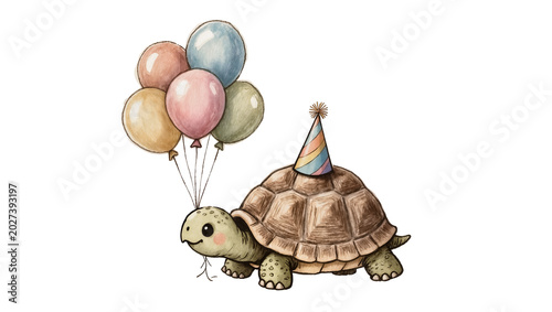 Cute tortoise wearing a party hat, holding balloons isolated on transparent background