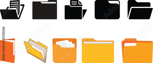 Document vector icon isolated vector graphic. Paper document page icon vector element. Agreement file symbol.Set of folders vector icons. Black linear open folder. Folder for storage document and file