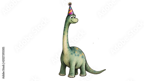 Foto Green cartoon brontosaurus wearing a colorful party hat, isolated on transparent