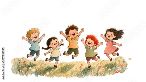 Diverse group of happy children jumping in grassy field, isolated on transparent background