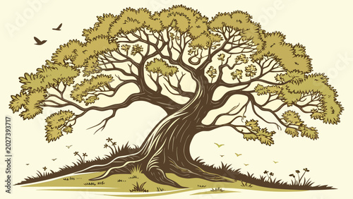 Tableau sur toile Majestic old oak tree vector illustration with sprawling branches and birds in v