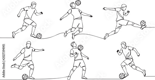Soccer player kicking and heading ball in different poses