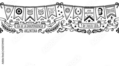 Cuadro en lienzo Hand drawn illustration for Argentine Independence Day celebration with bunting flags and banners
