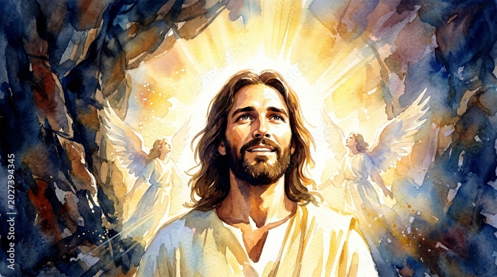 Obraz premium Jesus Christ with angels in front of open tomb. Resurrection scene with glorious light. Biblical narrative of salvation and hope. Watercolor illustration of Easter religious event.