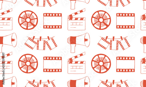 Cinema seamless hand-drawn red and white pattern with movie clapperboards, film reels, megaphones, and negative film strips. Retro production studio background and creative textile print