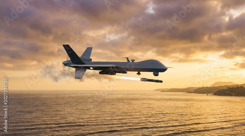Military drone launching a missile over the ocean at sunset. Unmanned aerial vehicle involved in a combat mission. Modern autonomous weapon system for air strike and defense strategy.