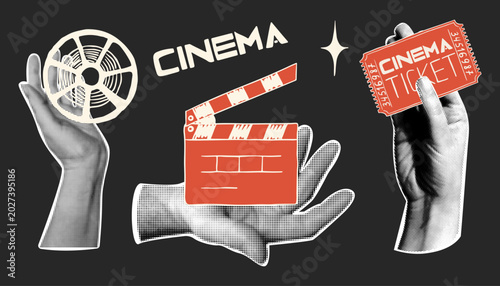 Schilderij op canvas Vintage cinema collage with halftone hands holding a film reel, movie clapperboard and theater ticket