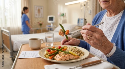 Elderly woman eating healthy salmon meal in hospital ward. Patient enjoying nutritious lunch served on tray. Recovery, clinical healthcare support and balanced diet for wellness.