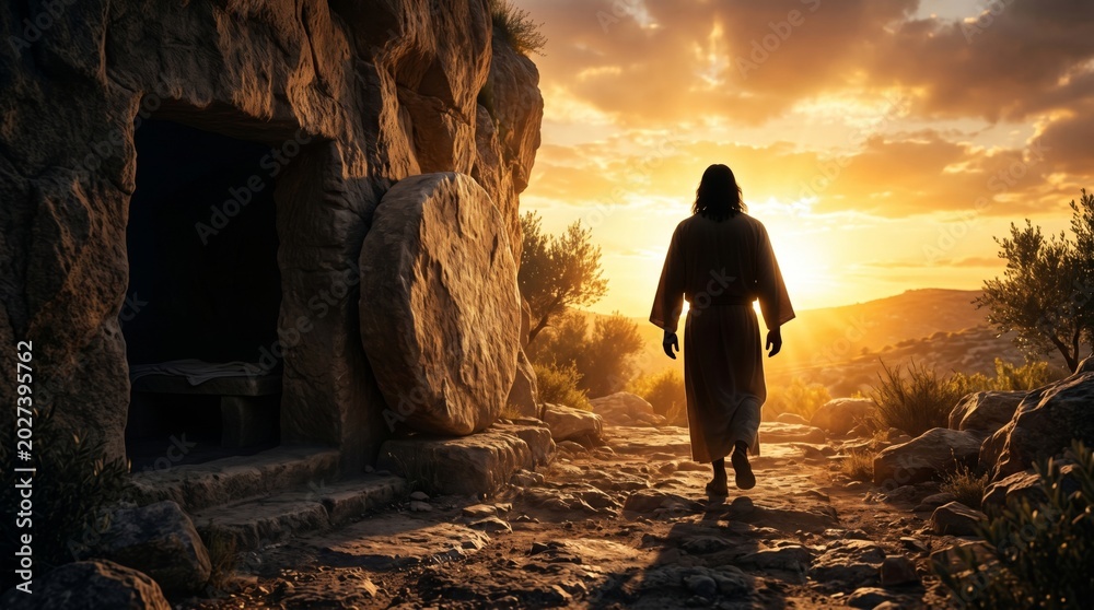 Fototapeta premium Man walks away from an open stone tomb at sunrise. Jesus Christ resurrected from the sepulcher. Biblical scene of Easter morning, salvation, hope, faith, religion, and divine miracle.