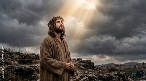 Jesus wearing crown of thorns looking up at light sky. Biblical man praying in desert landscape. Religious scene inspired by gospel story for Easter and Christian worship concept.