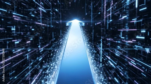 Futuristic Blue Arrow Ascending Through Digital Data Stream.