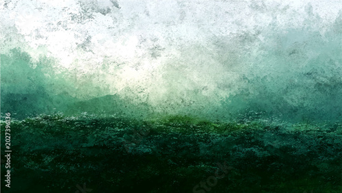 Photos Abstract watercolor landscape painting, evoking a serene and ethereal mood with soft blending colors of green and white, suggesting mist or clouds over a dark, textured foreground
