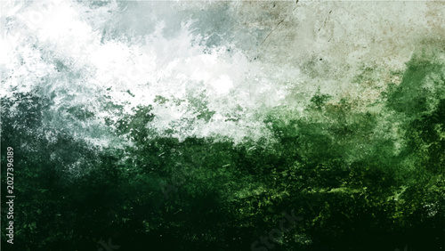 Bild auf Leinwand Misty, atmospheric abstract landscape evoking dense forest canopy and dramatic cloudy sky, texture painting