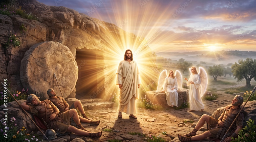 Obraz premium Jesus Christ standing in front of an empty tomb after resurrection. Angel and sleeping Roman guard surrounding the historical biblical scene. Religious Easter celebration conceptual art.