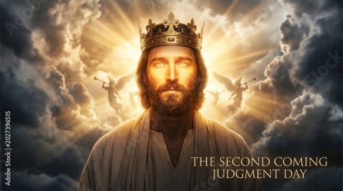 Jesus Christ wearing gold crown descending from heaven with angels. The Second Coming and Judgment Day imagery. Christian religious concept of salvation and divine light. Glowing sky background.