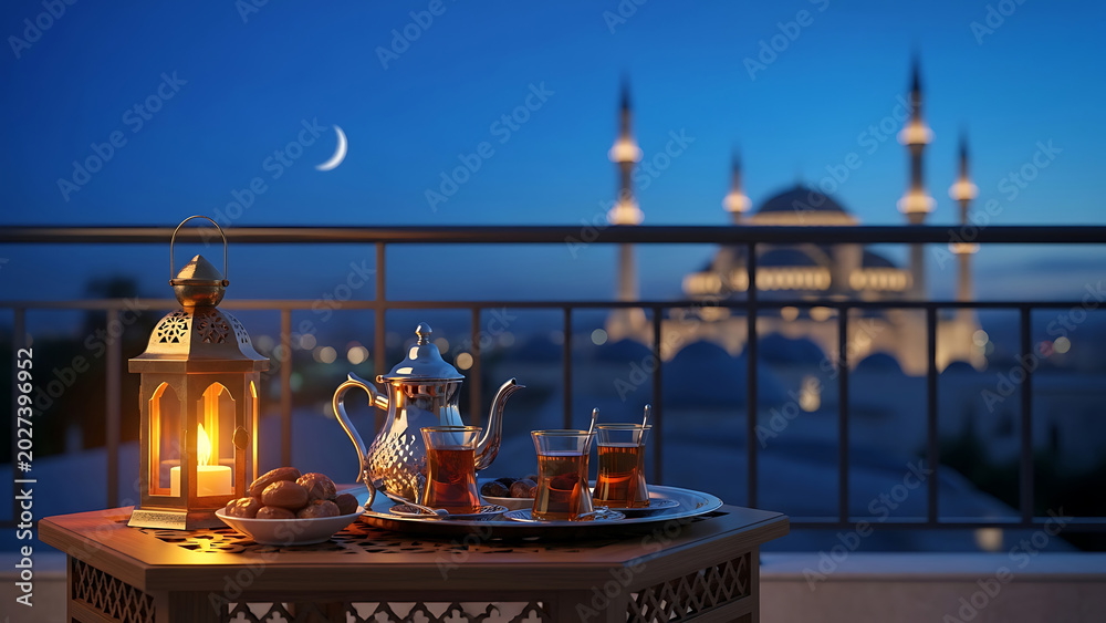 Obraz premium Ramadan Iftar Evening Tea with Mosque and Crescent Moon
