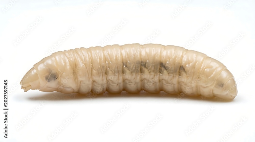 Naklejka premium Macro view of a single white fly maggot larva on white background.