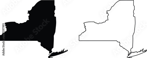Photos New York state map icons, outline and silhouette shapes representing geographic location navigation and regional mapping concepts