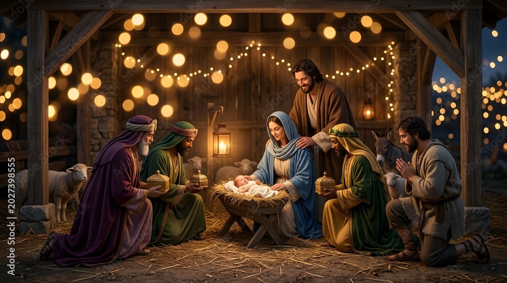 Fototapeta premium Nativity scene with figures, Mary, Joseph, Jesus, angels, shepherds, manger, bokeh lights, Christmas