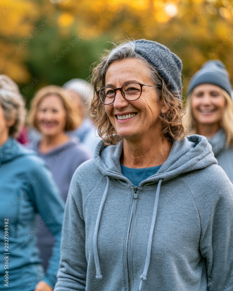 Fototapeta premium Smiling mature woman in gray hoodie and beanie with group outdoors in autumn