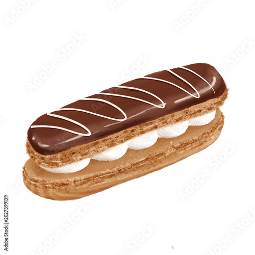 Fotografia Watercolor chocolate eclair French pastry illustration isolated on white backgro