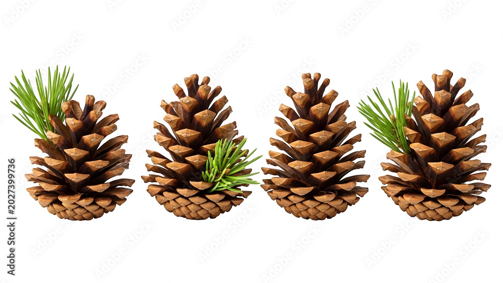 Fototapeta premium Pine cones in various stages of growth and drying on white background minimalist composition