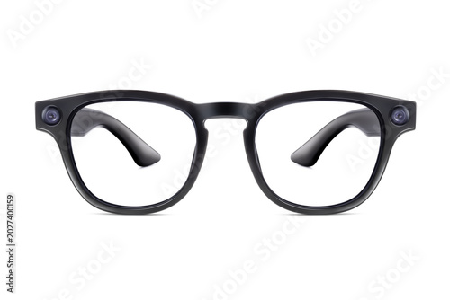 Front view of modern black smart glasses with integrated dual cameras isolated on white background