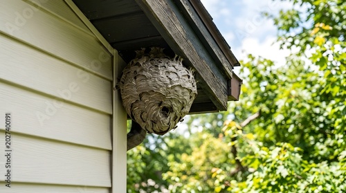 Wasp nest hanging beneath roof of house outdoors