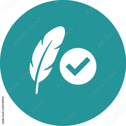 Schilderij op canvas Minimalist feather pen icon with check mark, white quill and tick symbol on teal