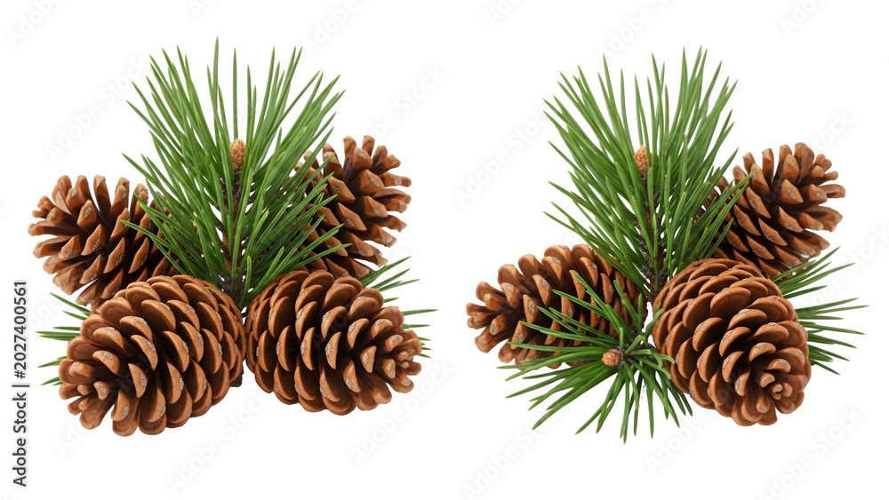 Fototapeta premium Pine cones with green needles on white background, nobody