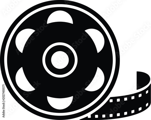 Tableau sur toile Black film reel icon with unwinding film strip for video production and editing