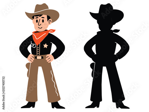 A cowboy character with hat standing confidently in traditional western outfit
