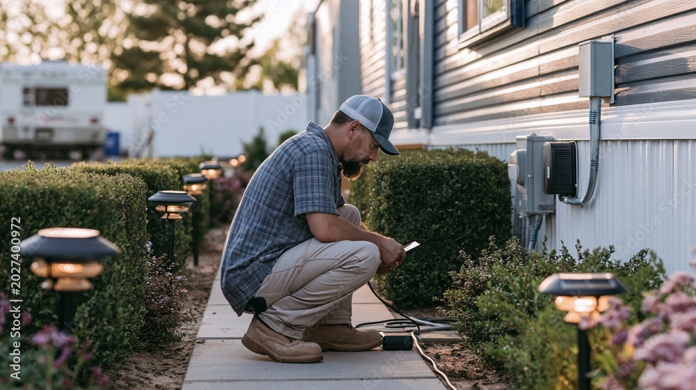 Fototapeta premium Municipal park supervisor checking electrical hookups on a modern mobile home surrounded by trimmed hedges and solar pathway lights shallow depth of field capturing authentic work.