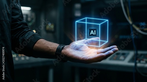 Technician reveals a transparent blue holographic cube containing an intelligence symbol floating over his open hand.