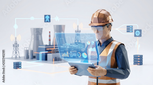 engineer using futuristic holographic interface for industrial plant monitoring