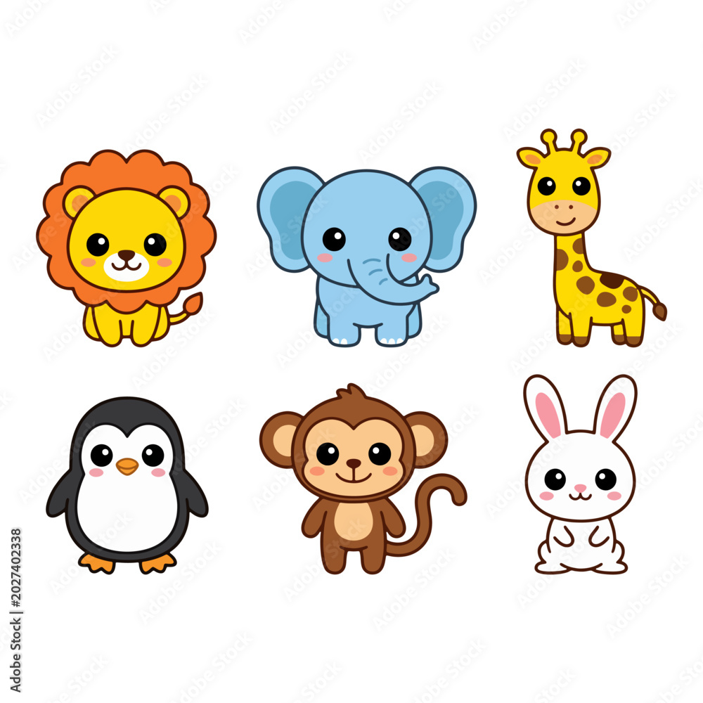 Fototapeta premium Cute collection of cartoon animals, including a lion, elephant, giraffe, penguin, monkey, and bunny, perfect for children's designs and educational materials