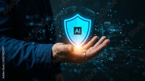 Businessman displays a luminous shield graphic that symbolizes secure artificial intelligence systems for enterprises.