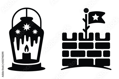 Quadro su tela Lantern with candle and castle wall vector icons fortress battlements