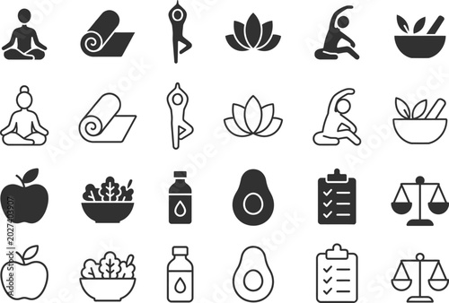 20 icon set editable stroke filled minimal vector illustrations for wellness and balance