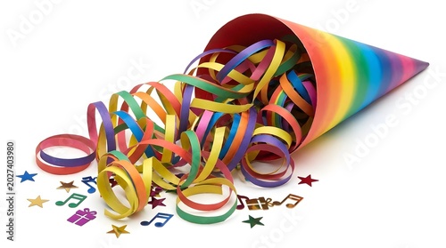 Rainbow colored party cone lying on its side with colorful paper streamers and confetti on a white background