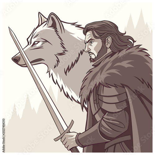 Fotografía Medieval warrior, wolf companion, sword, fur cloak, fantasy illustration