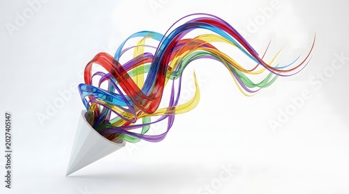 White cone with a burst of translucent colorful glass like ribbons flowing out against a plain white studio background