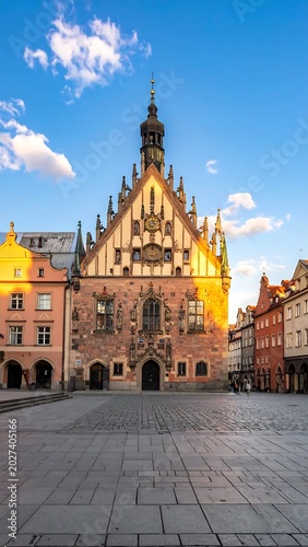 Historic Old Town Hall at sunset in Wroclaw Poland.