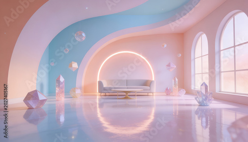 Futuristic Pastel Living Room with Wavy Arched Ceiling, Glowing Neon Arch, and Iridescent Crystal Clusters