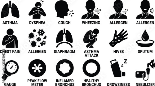 Asthma respiratory health icon set illustration with lungs, cough, wheezing, allergens, bronchus, nebulizer, chest pain, and peak flow meter