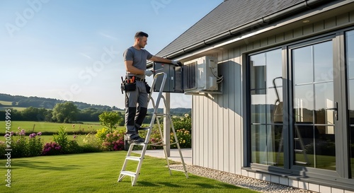 Technician repairing air conditioner unit on wall outside house. Man standing on ladder with tool belt working on hvac system. Maintenance service professional for climate and cooling system.