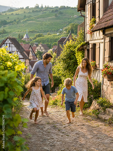 Joyful family with young children walking barefoot on cobblestone path in a beautiful Alsatian village